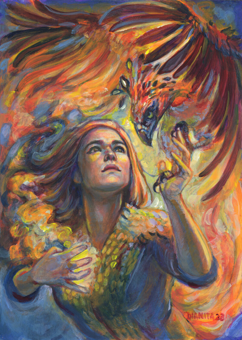 An acrylic painting featuring a female representing figure holding a phoenix bird. She looks up, to the right