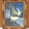 Painting of a moon being embraced by a tree against a dark blue sky. There is a golden frame.