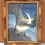 Painting of a moon being embraced by a tree against a dark blue sky. There is a golden frame.