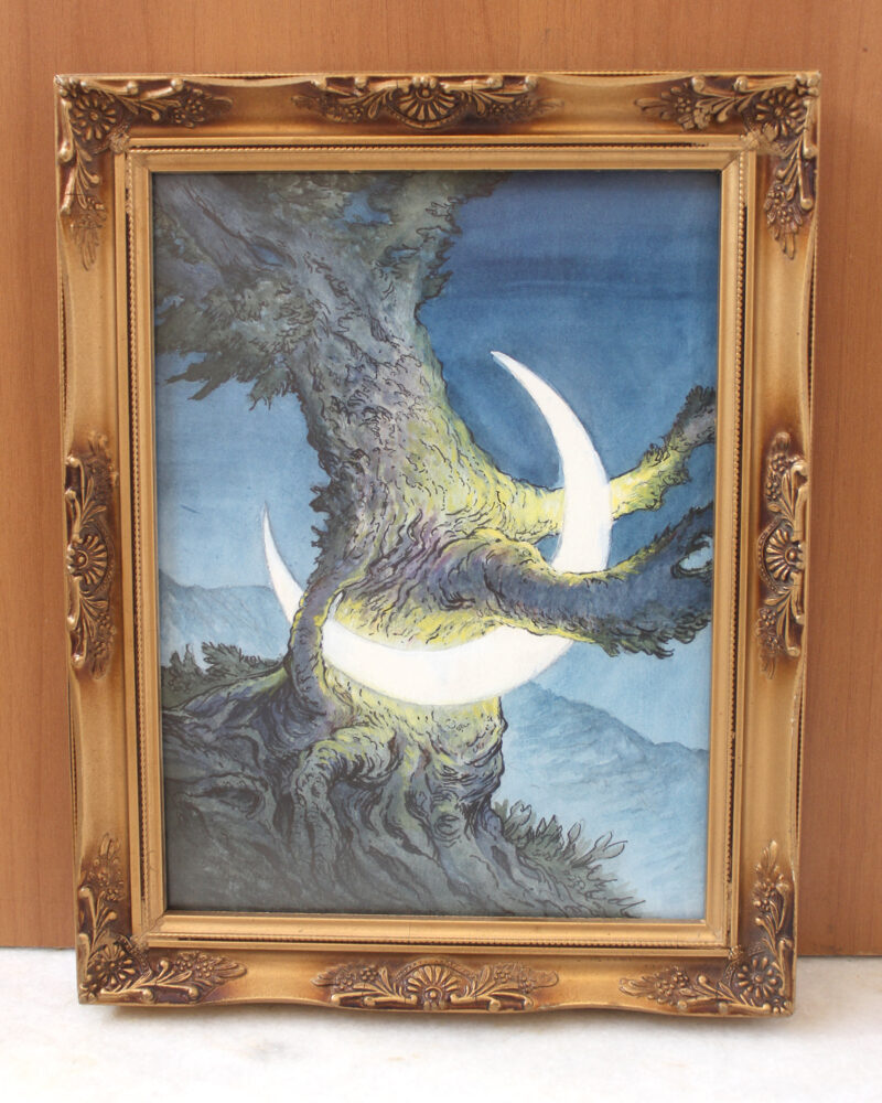 Painting of a moon being embraced by a tree against a dark blue sky. There is a golden frame.