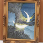 Painting of a moon being embraced by a tree against a dark blue sky. There is a golden frame.