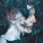 Watercolor portrait of a pale person in profile against a dark background. They are surrounded by dark teal leaves, one of which covers the figure's eye. White moths are on the person's face swarming towards a patch of exposed facial muscles on the figure's cheek.