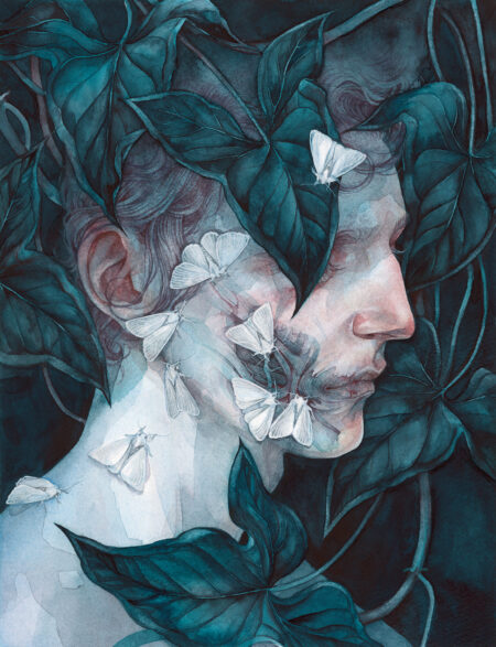 Watercolor portrait of a pale person in profile against a dark background. They are surrounded by dark teal leaves, one of which covers the figure's eye. White moths are on the person's face swarming towards a patch of exposed facial muscles on the figure's cheek.