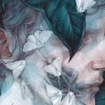 Detail crop of watercolor portrait of a pale person in profile against a dark background. They are surrounded by dark teal leaves, one of which covers the figure's eye. White moths are on the person's face swarming towards a patch of exposed facial muscles on the figure's cheek.