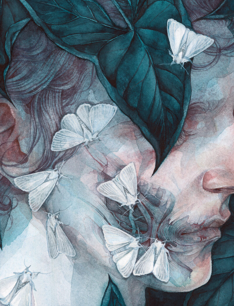 Detail crop of watercolor portrait of a pale person in profile against a dark background. They are surrounded by dark teal leaves, one of which covers the figure's eye. White moths are on the person's face swarming towards a patch of exposed facial muscles on the figure's cheek.
