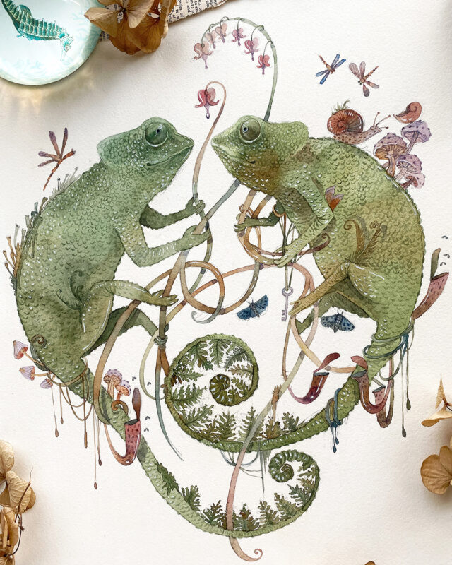 watercolor chameleon couple in love