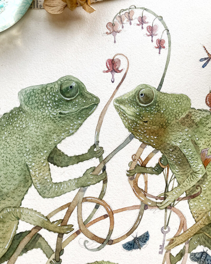 watercolor chameleon couple in love