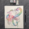 A watercolor painting of a rainbow snake wrapping around a human skull. There are sketchy ink humming birds overlaying the painting.