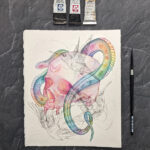 A watercolor painting of a rainbow snake wrapping around a human skull. There are sketchy ink humming birds overlaying the painting.