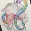A watercolor painting of a rainbow snake wrapping around a human skull. There are sketchy ink humming birds overlaying the painting.
