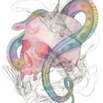 A watercolor painting of a rainbow snake wrapping around a human skull. There are sketchy ink humming birds overlaying the painting.