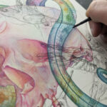 A watercolor painting of a rainbow snake wrapping around a human skull. There are sketchy ink humming birds overlaying the painting.