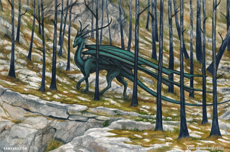 Fire Swept Memories scanned image - a black dragon with green sheen walks through a burnt forest