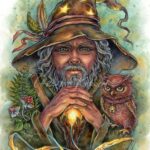 Wizard, watercolor, colored pencils and acrylic magical fantasy art illustration by Christine Karron