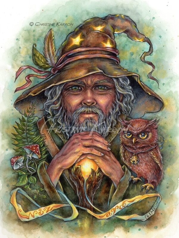 Wizard, watercolor, colored pencils and acrylic magical fantasy art illustration by Christine Karron