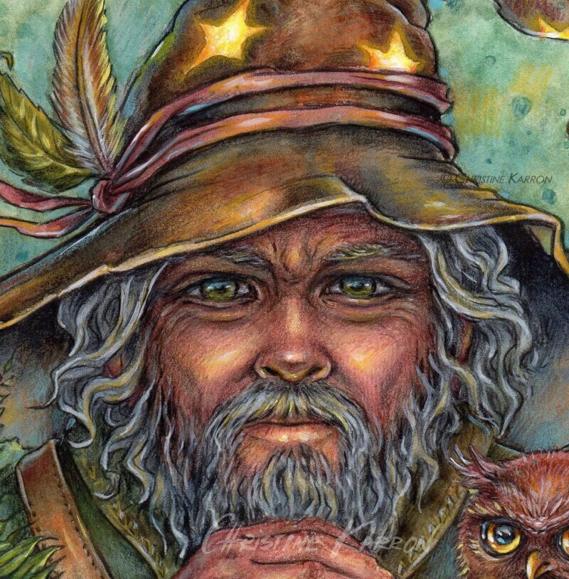 Wizard, watercolor, colored pencils and acrylic magical fantasy art illustration by Christine Karron