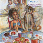Painting showing an Afromexican child eating next to a winged baby jaguar. On the lower part is a table with Mexican dishes like empanadas and picadas. In the back 2 ladies are cooking and 2 waiting for their food.