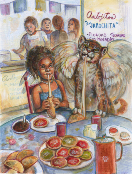 Painting showing an Afromexican child eating next to a winged baby jaguar. On the lower part is a table with Mexican dishes like empanadas and picadas. In the back 2 ladies are cooking and 2 waiting for their food.