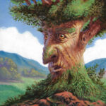 Painting of a tree with a human face, like a fantasy creature. There are mountains in the back and its a sunny day.