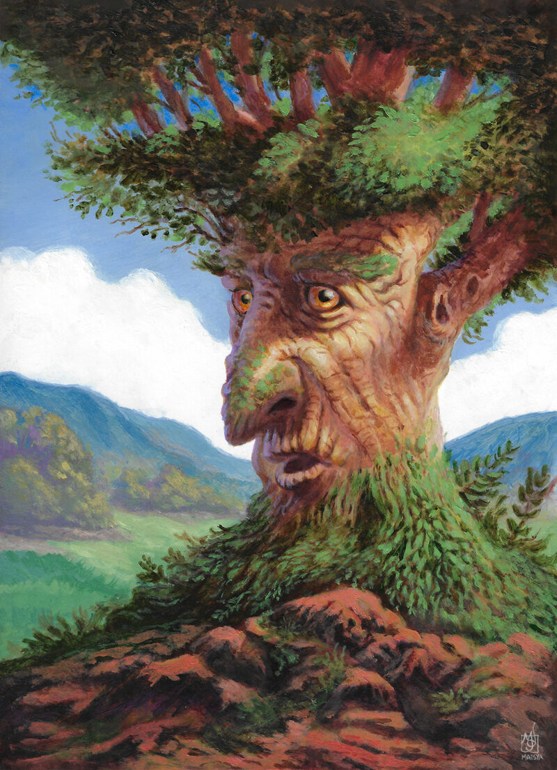 Painting of a tree with a human face, like a fantasy creature. There are mountains in the back and its a sunny day.