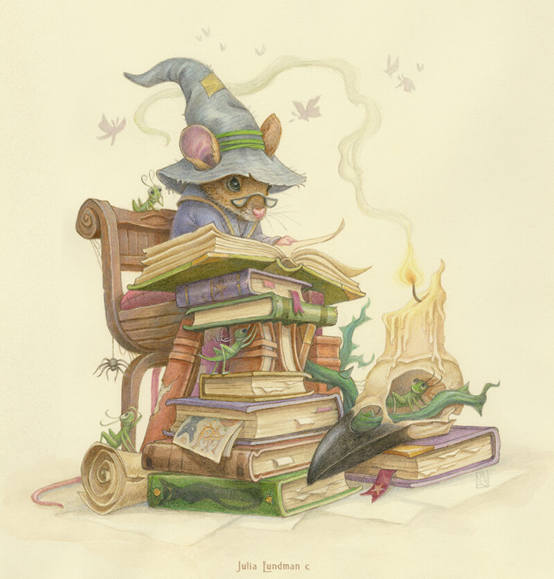 A mouse wizard studies behind a pile of magical books