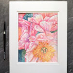Watercolor painting of a peony bouquet