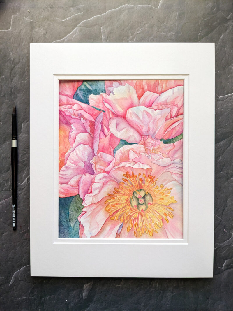 Watercolor painting of a peony bouquet