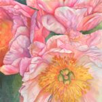 A watercolor painting of three blooming peonies