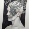 Left facing profile portrait of a pale person against a black background. Craggy shell-like textures layer their face from the corner of their mouth up to their eye socket. Barnacles are in the crags. Their eye is obscured by clumps of tealish-gray seaweed growing out of their face; more seaweed floats around their head.