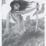 An image of a mermaid half out of the water, holding a sword aggressively. On the horizon a sailing ship is visible.