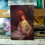 An oil painting of a young woman sitting underneath a giant Rotunda Sundew, holding a small blade to it’s stem. She is moments from snipping a carnivorous plant’s stem in half.