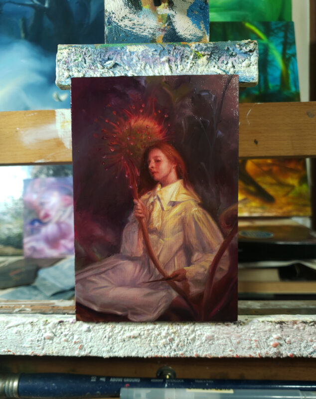 An oil painting of a young woman sitting underneath a giant Rotunda Sundew, holding a small blade to it’s stem. She is moments from snipping a carnivorous plant’s stem in half.