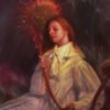 An oil painting of a young woman sitting underneath a giant Rotunda Sundew, holding a small blade to it’s stem. She is moments from snipping a carnivorous plant’s stem in half.