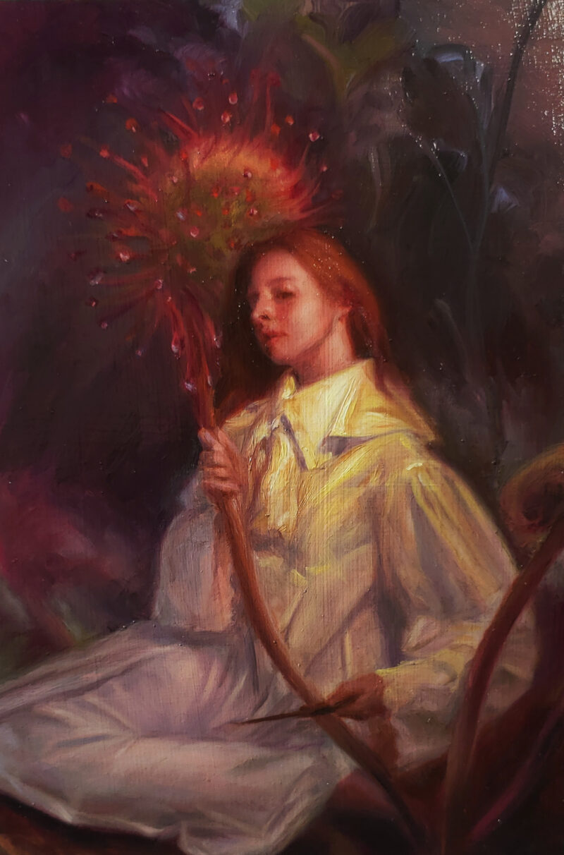 An oil painting of a young woman sitting underneath a giant Rotunda Sundew, holding a small blade to it’s stem. She is moments from snipping a carnivorous plant’s stem in half.