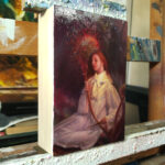 An oil painting of a young woman sitting underneath a giant Rotunda Sundew, holding a small blade to it’s stem. She is moments from snipping a carnivorous plant’s stem in half.