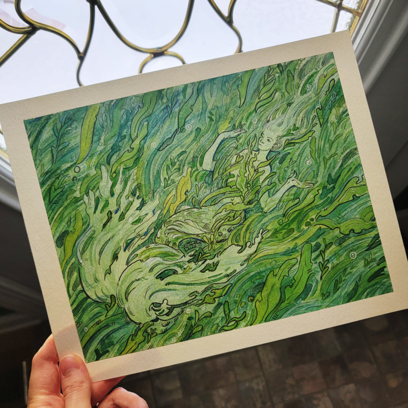 An apathetic mermaid losses themselves amongst the green sea bed. A water color painting I created for a Mermay show back in 2018. This piece is vibrantly green and perfect for a mermaid loving home.