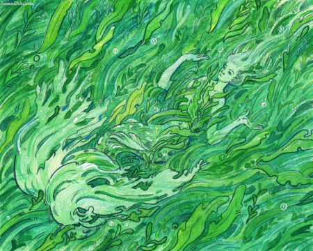 An apathetic mermaid losses themselves amongst the green sea bed. A water color painting I created for a Mermay show back in 2018. This piece is vibrantly green and perfect for a mermaid loving home.