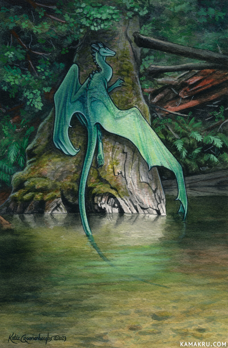 A dragon lays on a shaded mossy log above a pond.