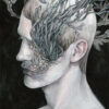 Left facing profile portrait of a pale person against a black background. Craggy shell-like textures layer their face from the corner of their mouth up to their eye socket. Barnacles are in the crags. Their eye is obscured by clumps of tealish-gray seaweed growing out of their face; more seaweed floats around their head.