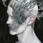 Left facing profile portrait of a pale person against a black background. Craggy shell-like textures layer their face from the corner of their mouth up to their eye socket. Barnacles are in the crags. Their eye is obscured by clumps of tealish-gray seaweed growing out of their face; more seaweed floats around their head.