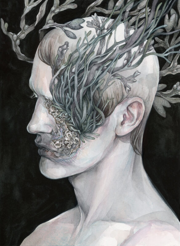 Left facing profile portrait of a pale person against a black background. Craggy shell-like textures layer their face from the corner of their mouth up to their eye socket. Barnacles are in the crags. Their eye is obscured by clumps of tealish-gray seaweed growing out of their face; more seaweed floats around their head.