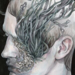 Detail - Left facing profile portrait of a pale person against a black background. Craggy shell-like textures layer their face from the corner of their mouth up to their eye socket. Barnacles are in the crags. Their eye is obscured by clumps of tealish-gray seaweed growing out of their face; more seaweed floats around their head.