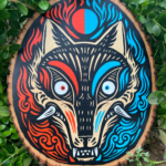 A painting on a wood slice featuring a coyote head. The left side is coloured with red details, and the right side is coloured with light blue details.
