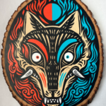 A painting on a wood slice featuring a coyote head. The left side is coloured with red details, and the right side is coloured with light blue details.