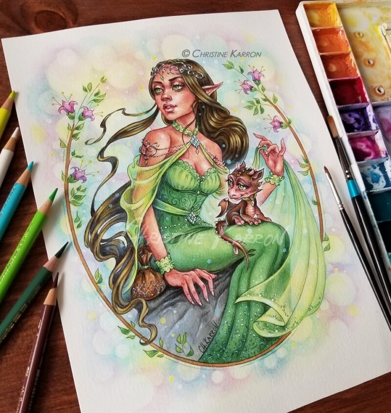 Dragonling, watercolor and colored pencils by Christine Karron