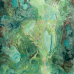 green watercolor deer standing in front of an old tree