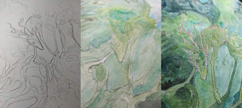 sketch of deer and watercolor work in progress