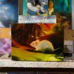 An oil painting of a small mouse as they overlook a cluster of golden flora. They are surrounded by a strongly luminescent body of water, reflecting it’s light throughout the piece.