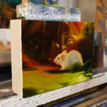 An oil painting of a small mouse as they overlook a cluster of golden flora. They are surrounded by a strongly luminescent body of water, reflecting it’s light throughout the piece.