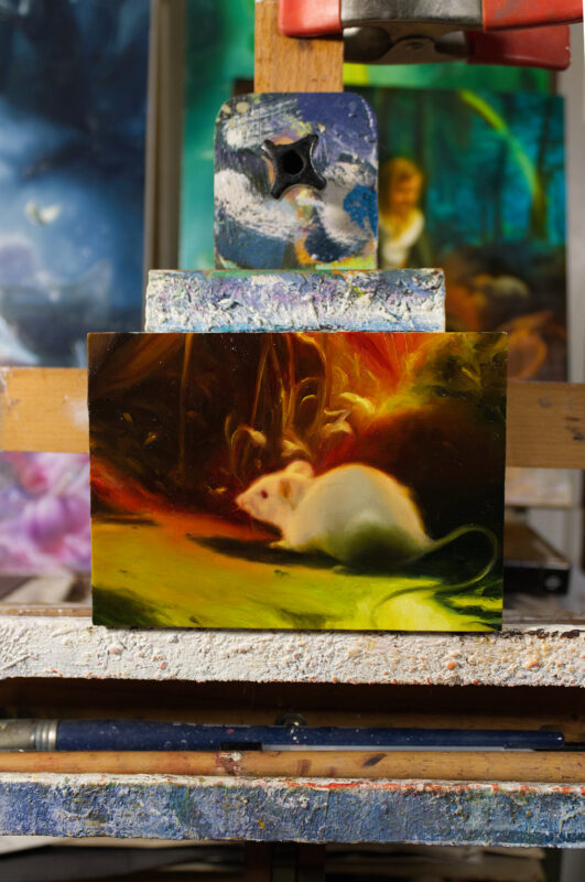 An oil painting of a small mouse as they overlook a cluster of golden flora. They are surrounded by a strongly luminescent body of water, reflecting it’s light throughout the piece.